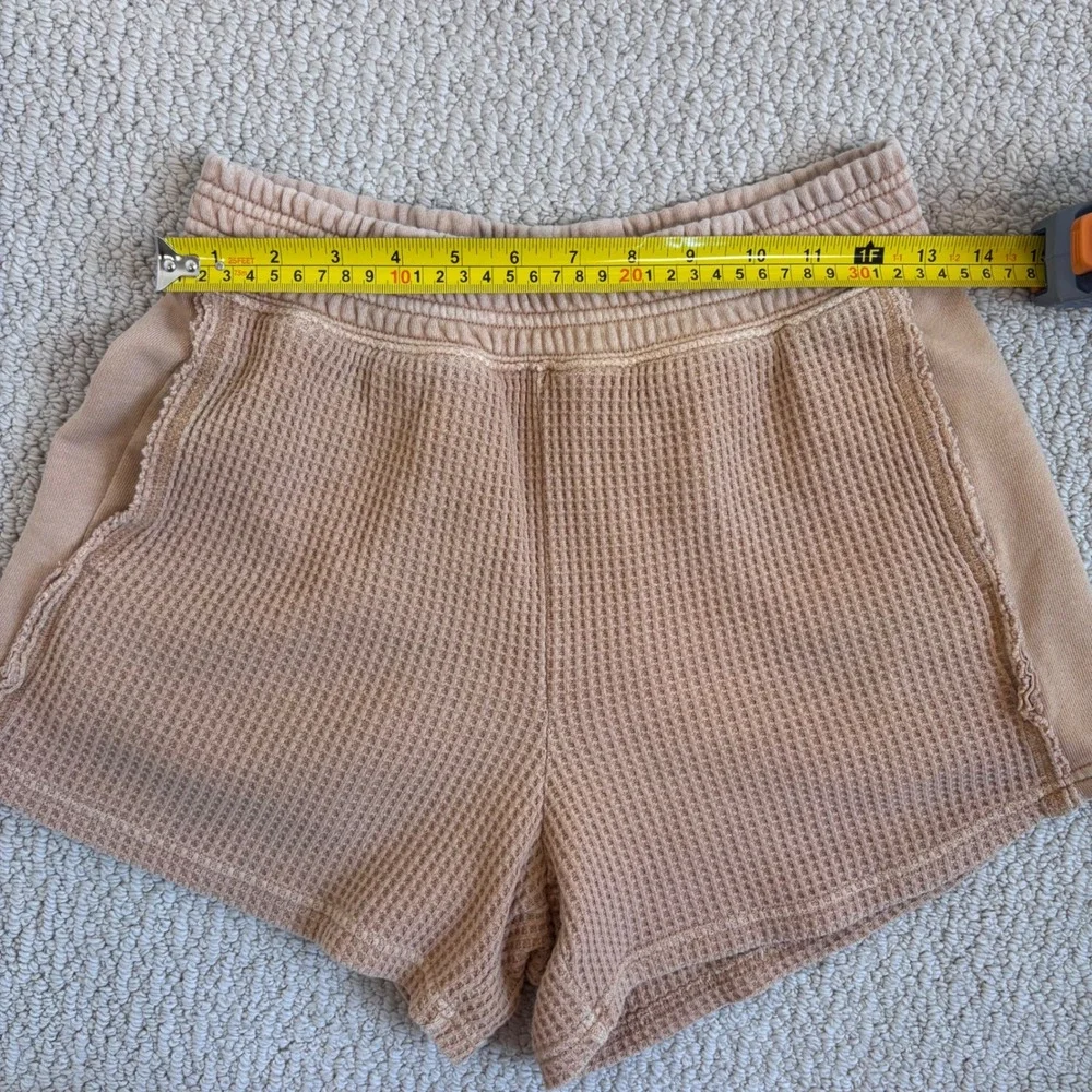 Aerie Womens XS Tan Waffle Knit Lounge Shorts High Waisted Thermal Smocked Waist